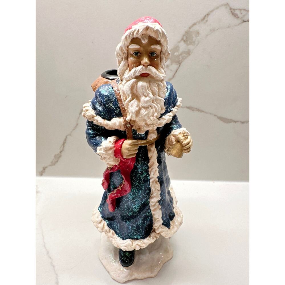 Department 56 Vintage Blue Coat Santa Claus Christmas Candle Holder @ 9”